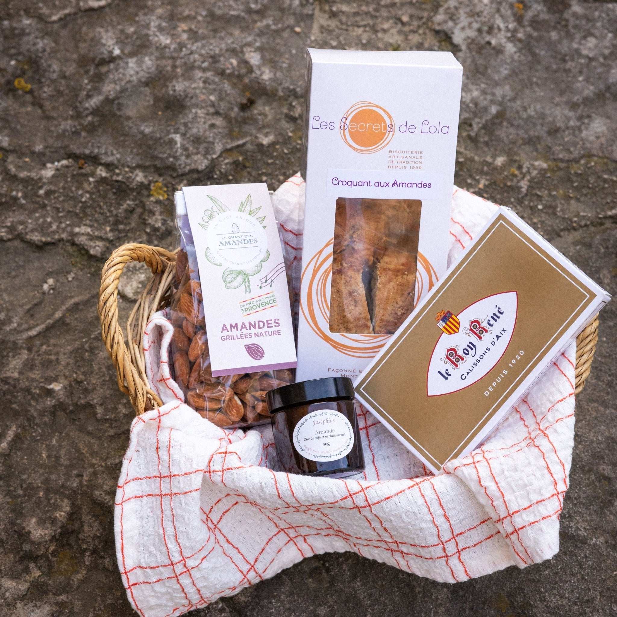 The Discover Almonds gift box from Céline en Provence, containing grilled almonds, calissons, croquants, and a scented candle.