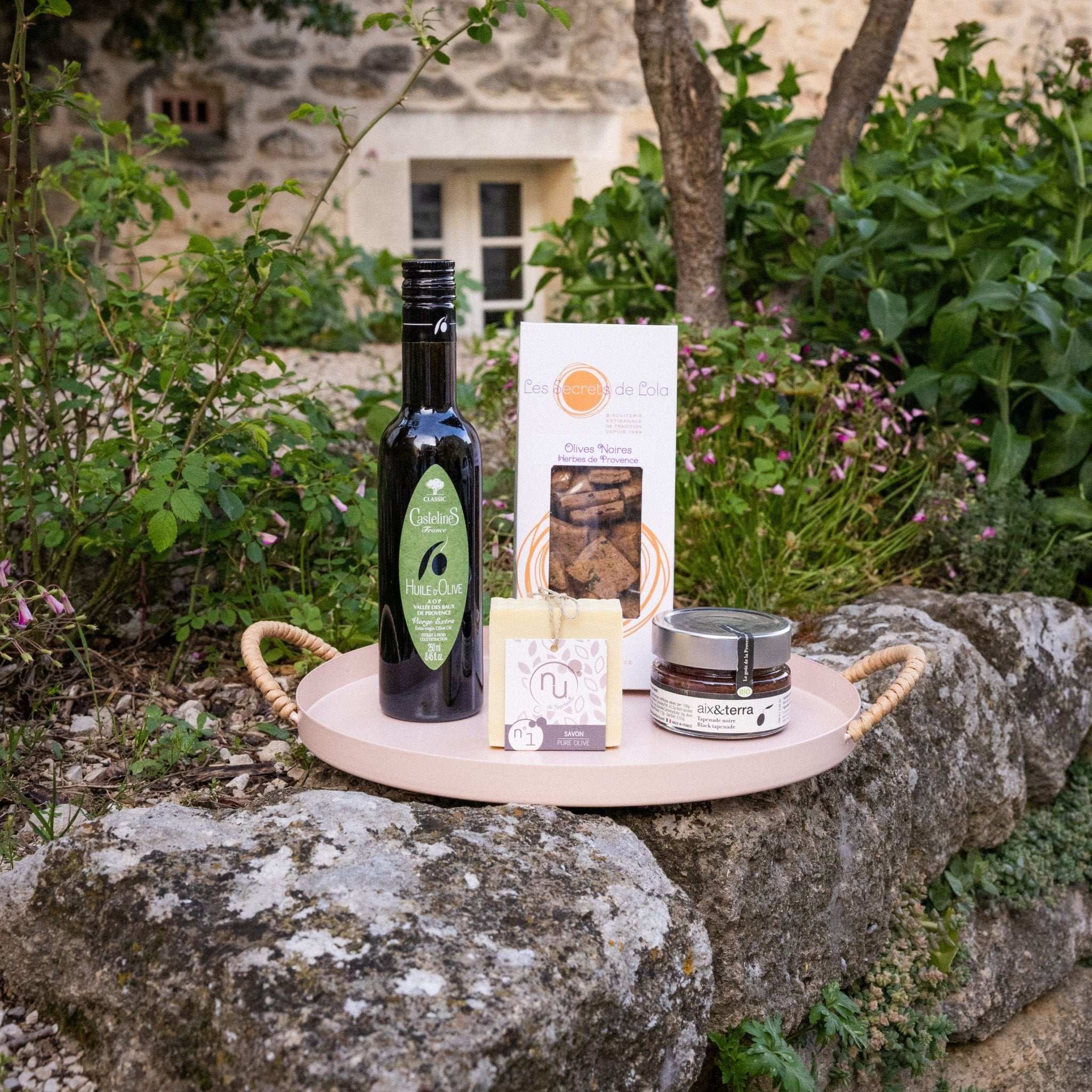 The Discover Olives gift box from Céline en Provence, containing Provençal olive oil, herb biscuits, tapenade, and olive soap.