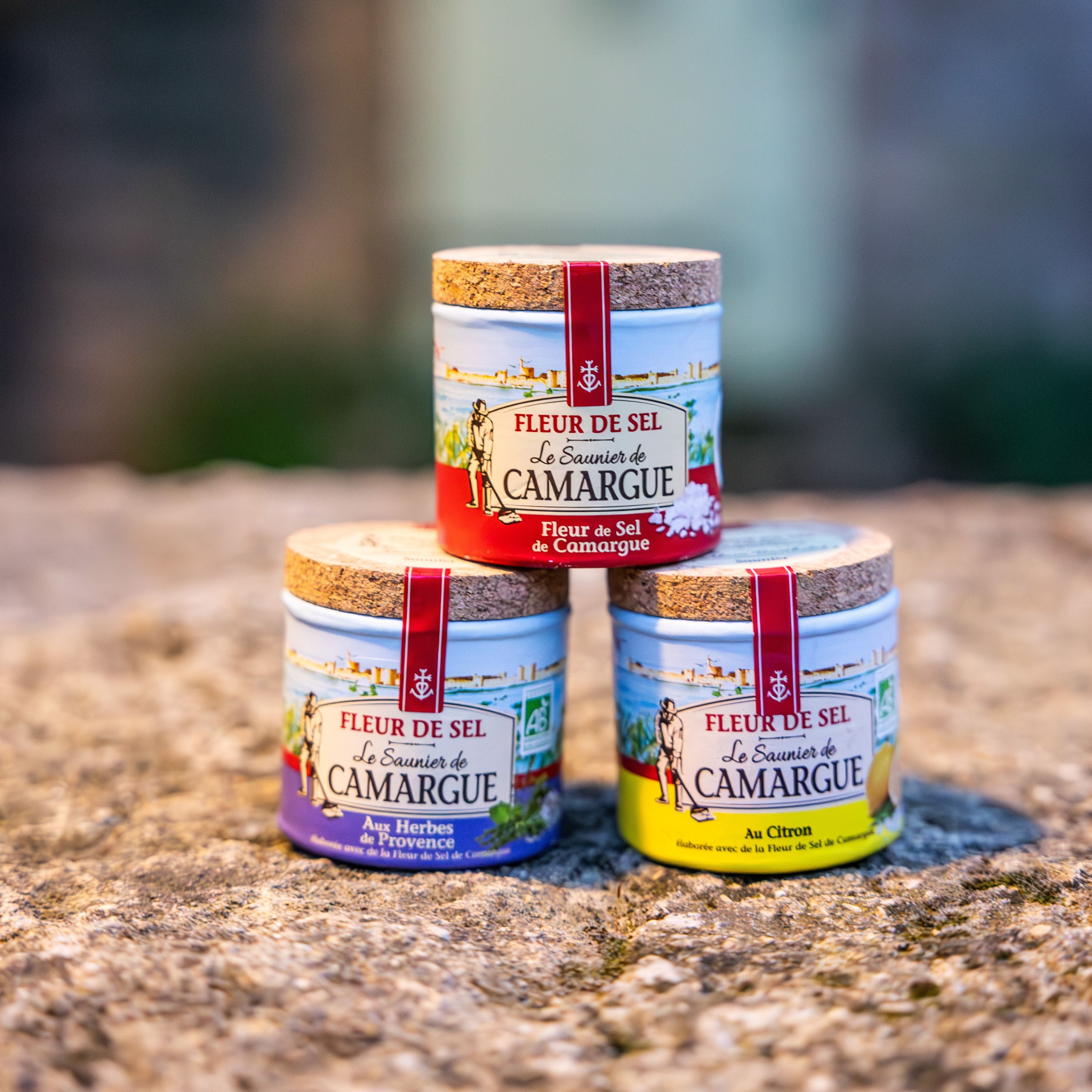 A trio of Fleur de Sel from Camargue, hand-harvested gourmet salt from Provence, perfect for seasoning meals.