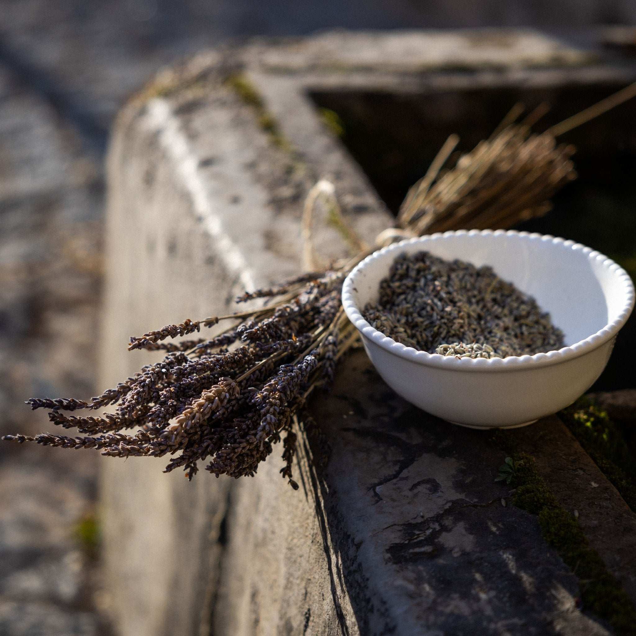 An organic dried lavender pouch from Céline en Provence, used for freshening up clothes and spaces with a calming scent.