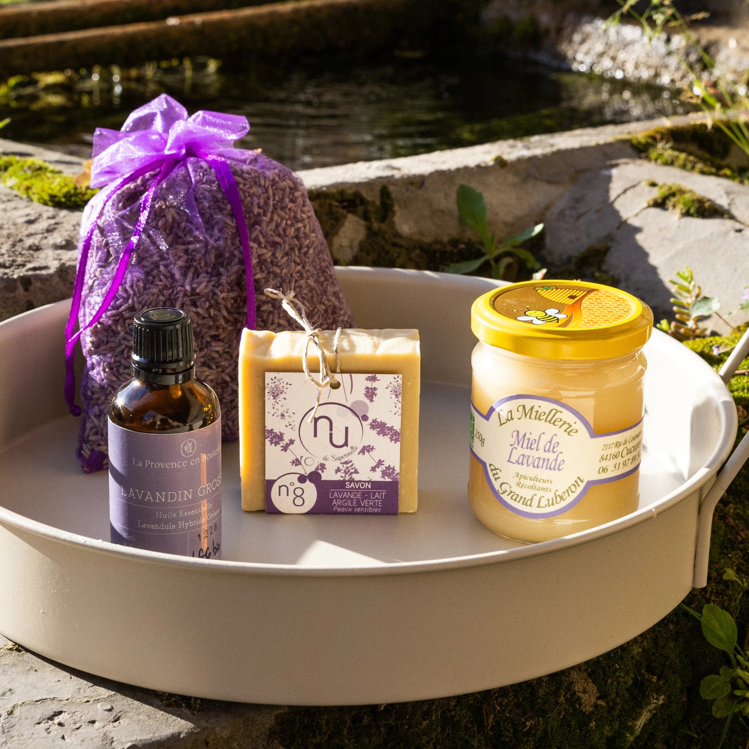 Discover Lavender gift box flat lay with lavender products, straw hat, Provençal fabric and fresh lavender stems, summer Provence