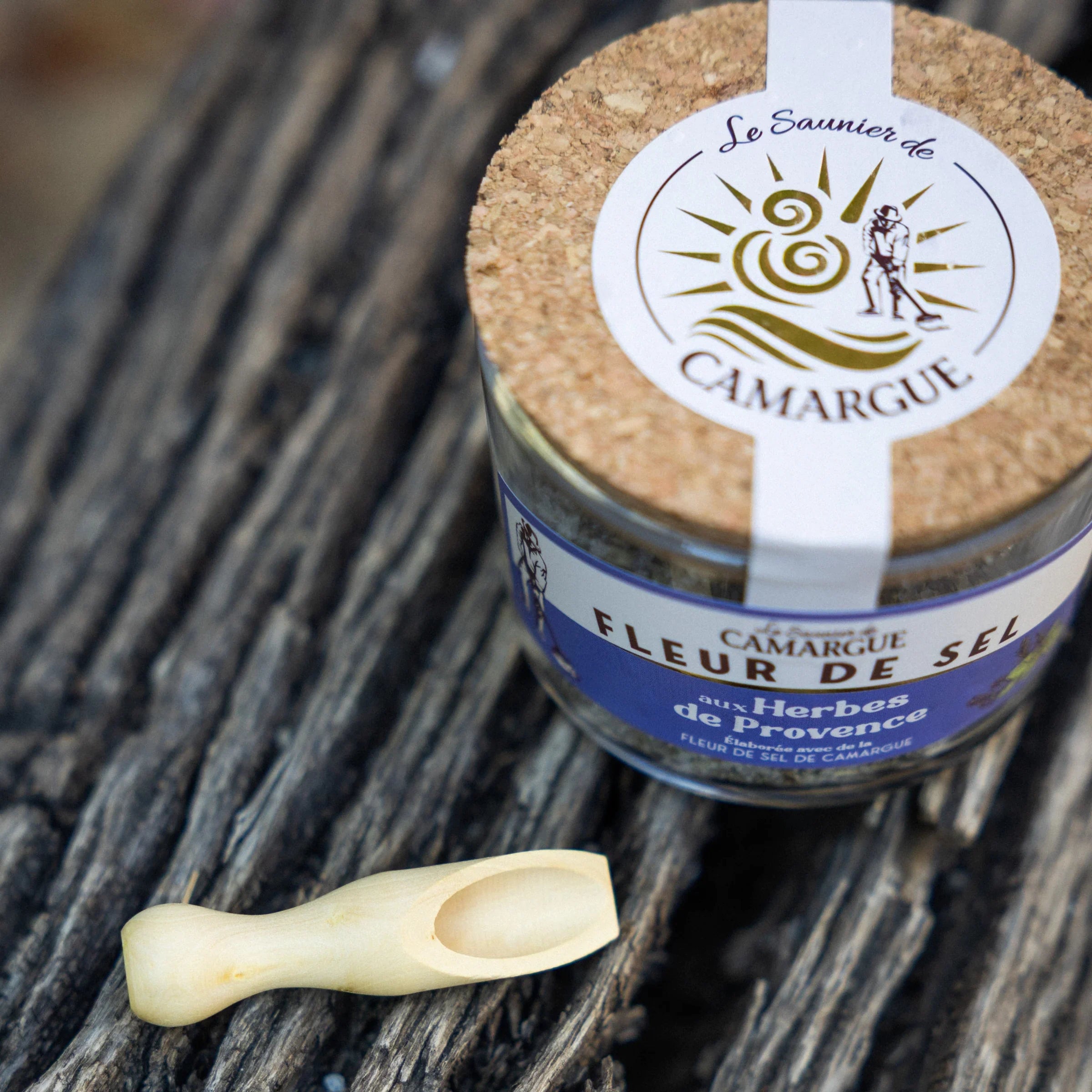 Camargue Fleur de Sel with Provence herbs paired with a wooden salt spoon, Provençal seasoning
