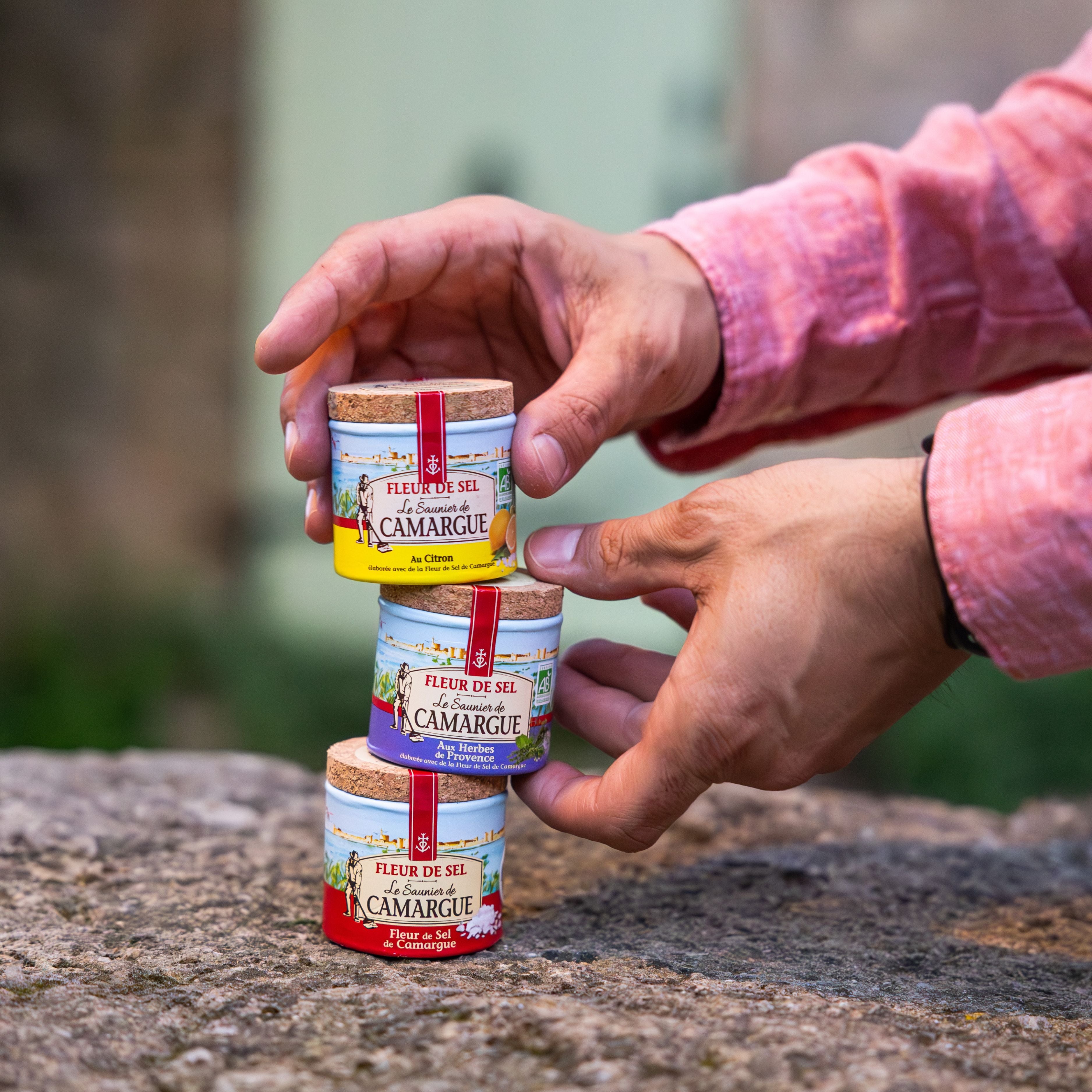 A trio of Fleur de Sel from Camargue, hand-harvested gourmet salt from Provence, perfect for seasoning meals.