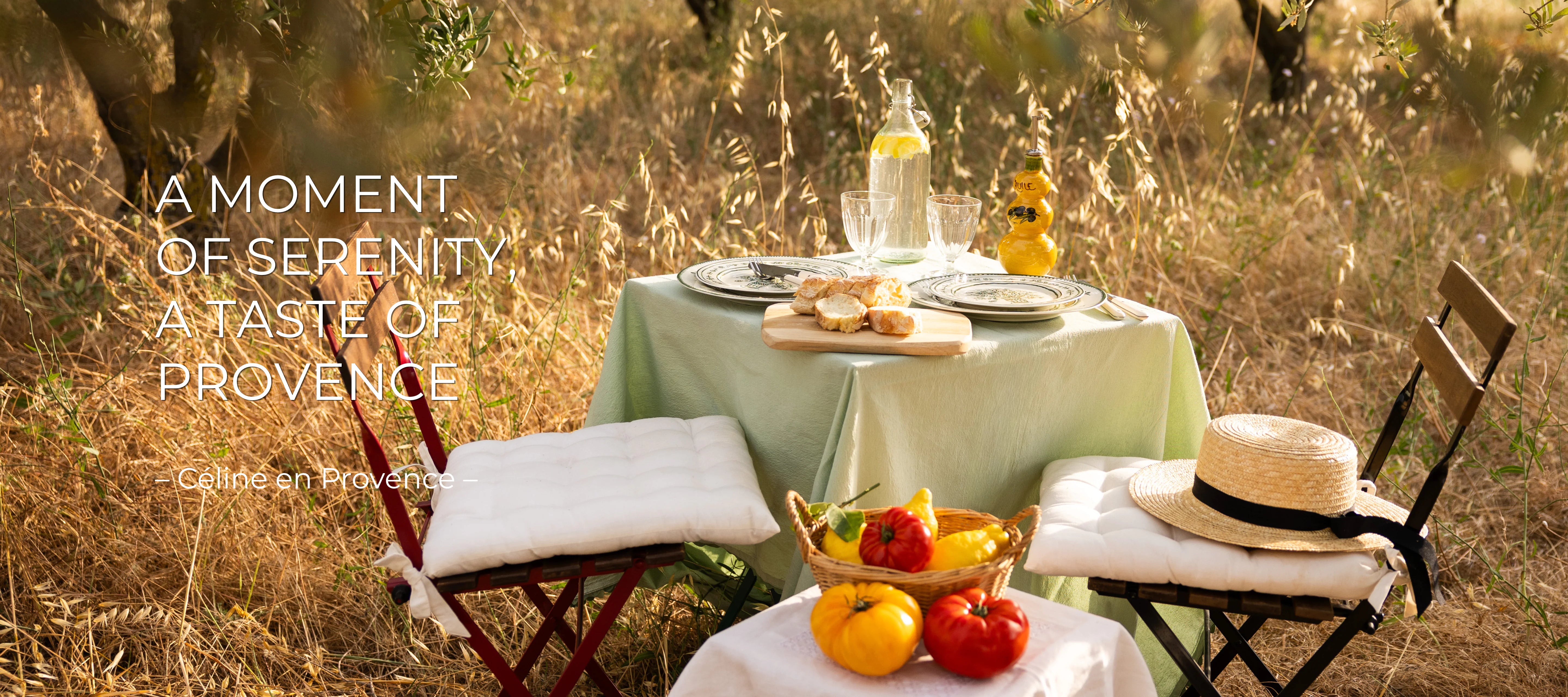 A moment of serenity, a taste of Provence, Provençal outdoor table under olive trees with lemon olive oil, bread and colourful tomatoes, golden summer light