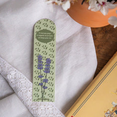 Lavender illustrated bookmark with sage green background and purple lavender stems, handcrafted Provençal stationery by MathildeCreaGraph
