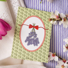 Illustrated lavender bouquet postcard with red bow, Provençal decorative postcard by Céline en Provence