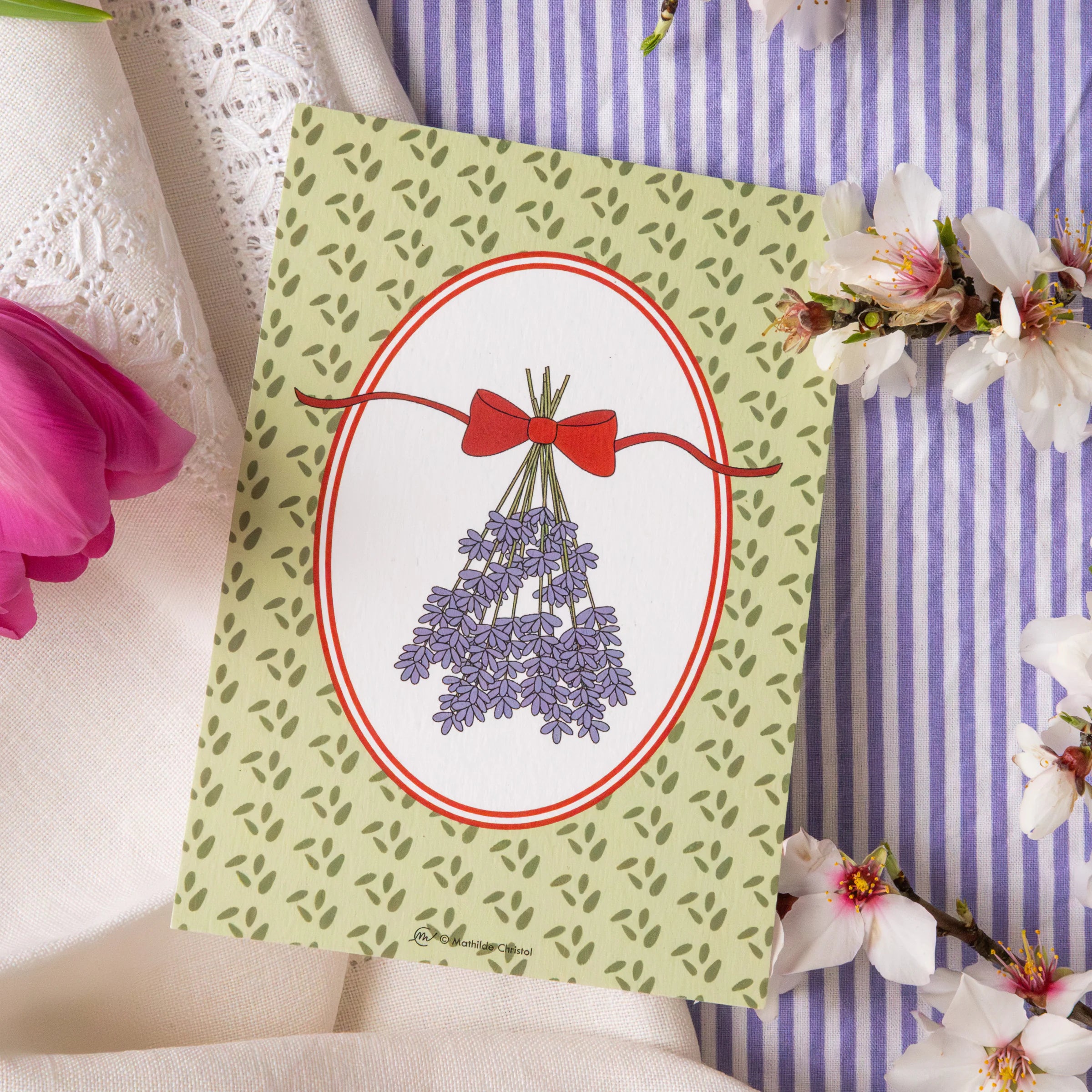 Illustrated lavender bouquet postcard with red bow, Provençal decorative postcard by Céline en Provence