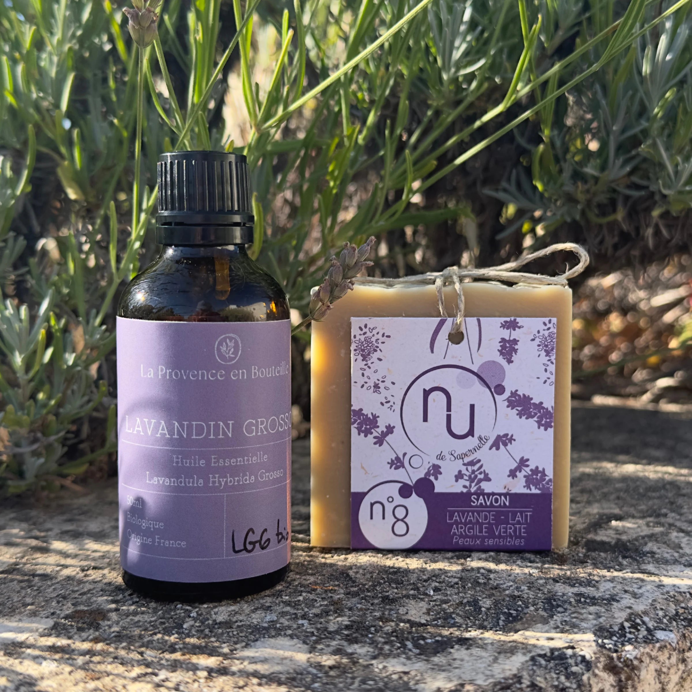 Lavender Serenity Duo gift box with organic Lavandin Grosso essential oil and Nu de Sapernelle lavender soap, Provence