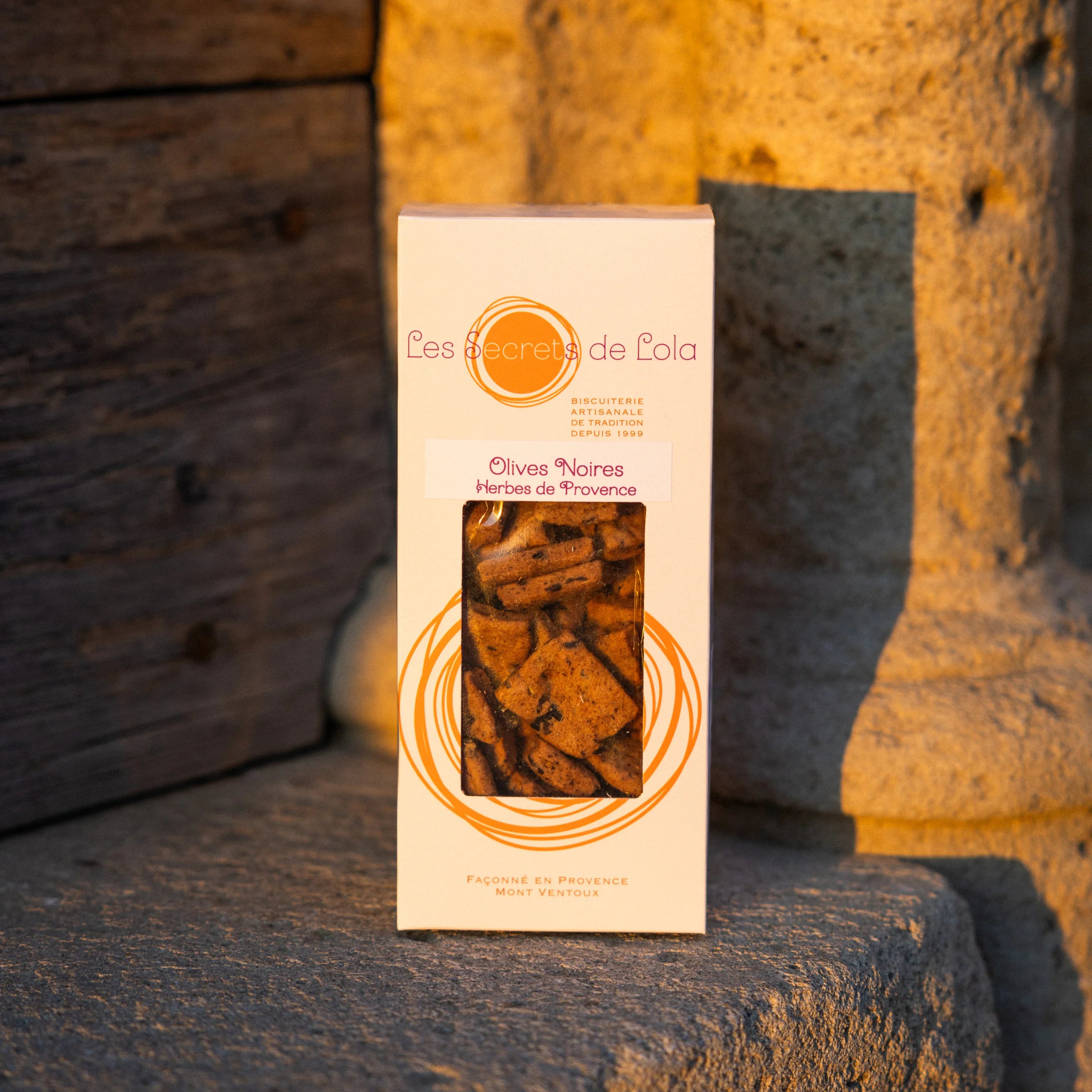 Les Secrets de Lola black olive and Provence herbs biscuits box on stone, handcrafted at Mont Ventoux