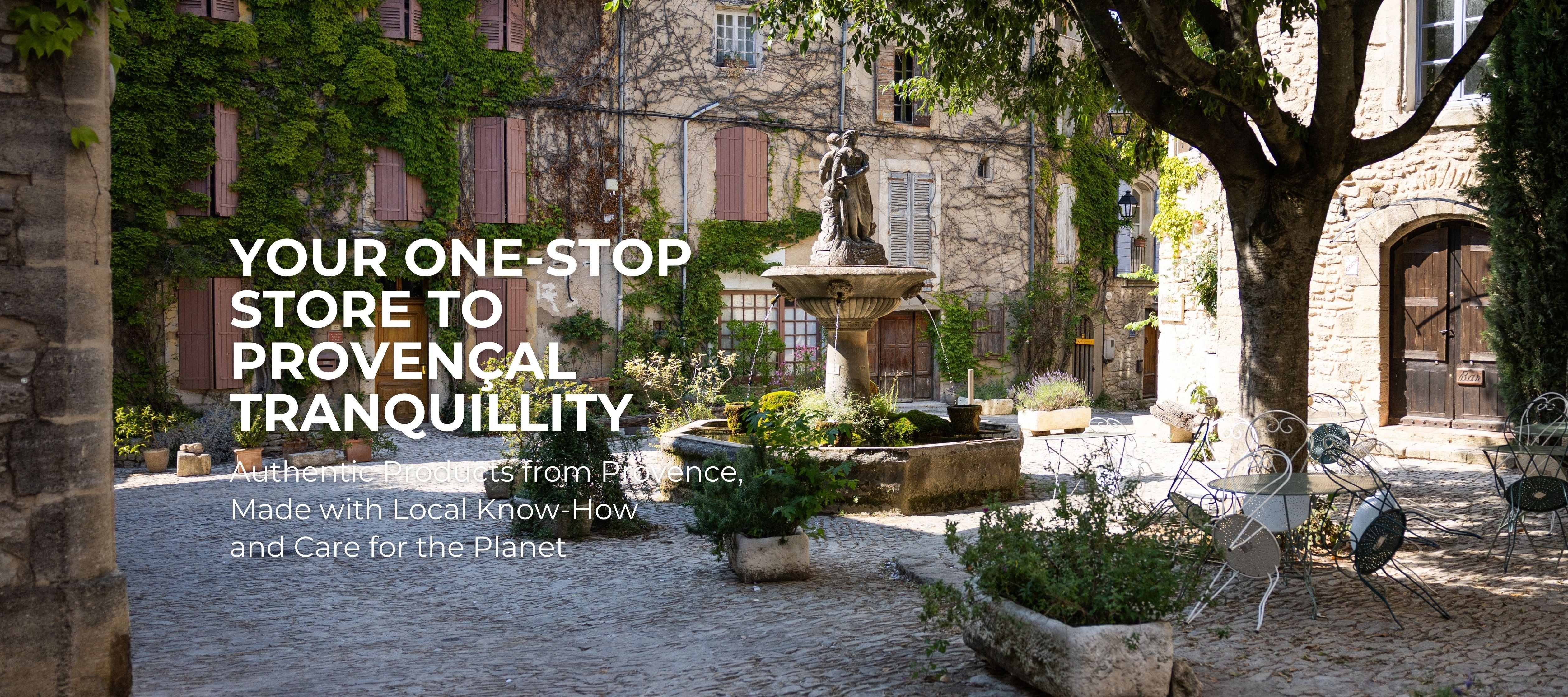 A beautiful Provençal village square with a fountain, symbolizing the "one-stop store" for Provençal tranquillity and authentic products.