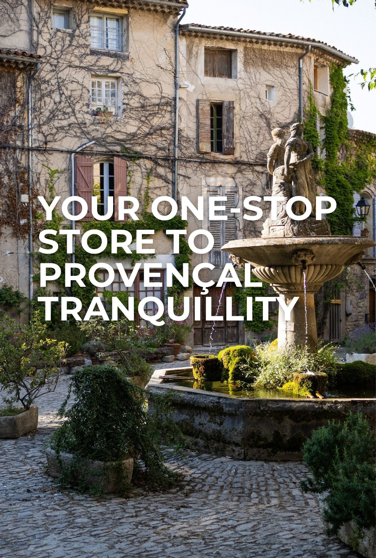 A beautiful Provençal village square with a fountain, symbolizing the "one-stop store" for Provençal tranquillity and authentic products.