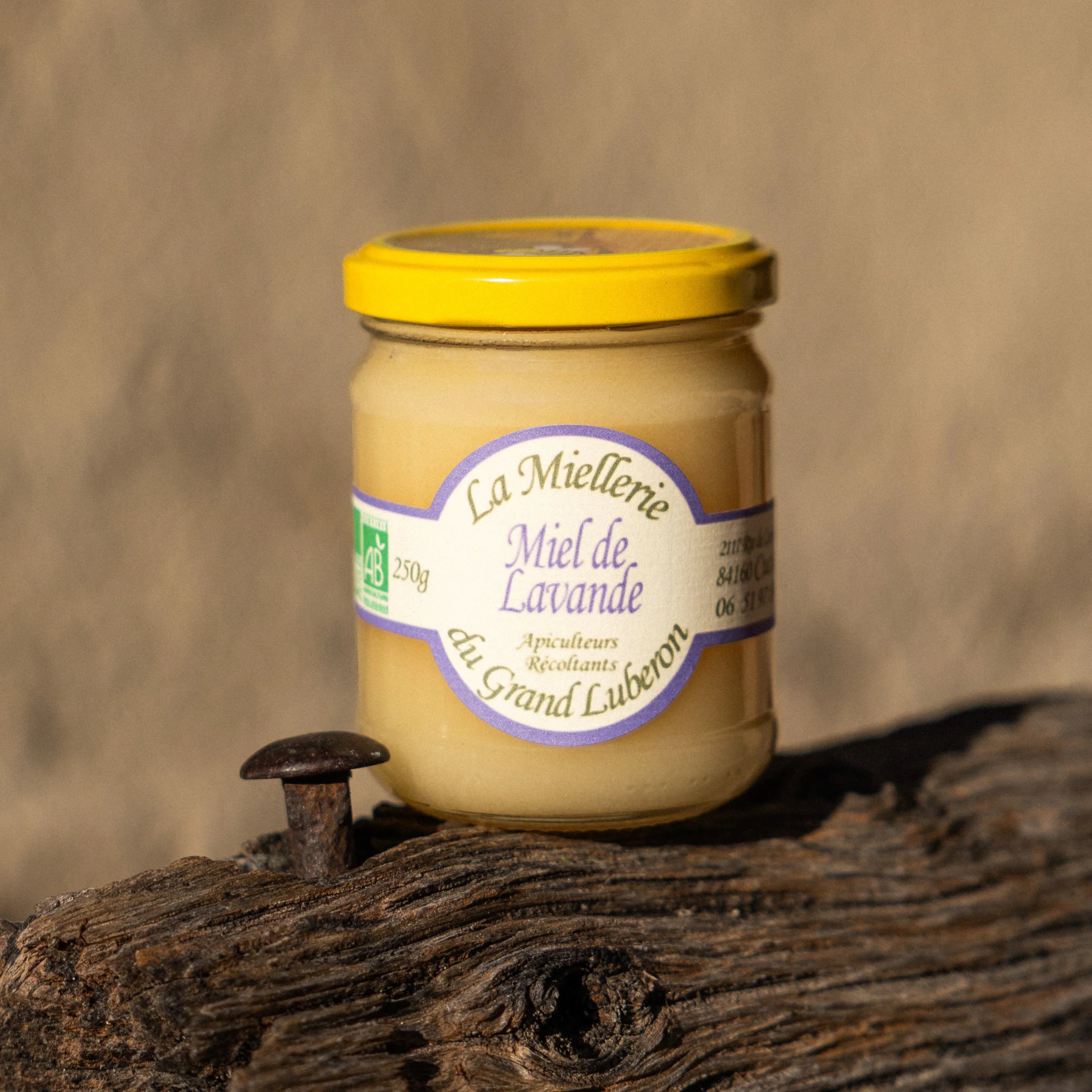 La Miellerie du Grand Luberon organic lavender honey 250g jar on wood, Provence
