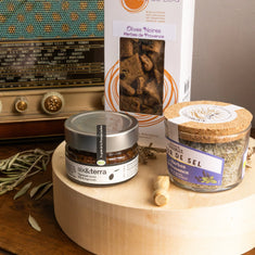 Provençal Apéro Father's Day selection with organic black tapenade, Camargue Fleur de Sel and black olive biscuits with rosemary and vintage radio