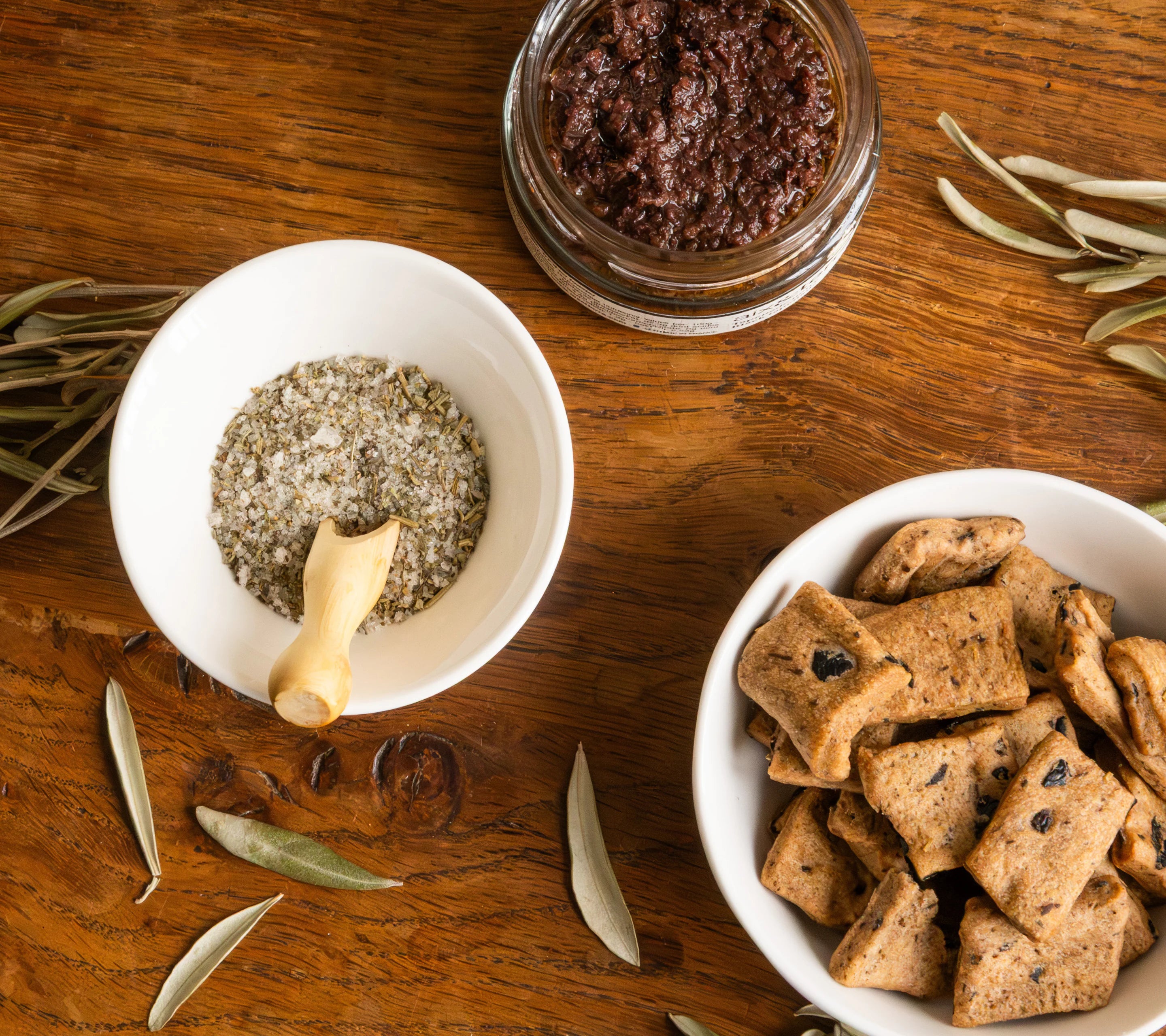 Artisanal Provençal selection with organic black tapenade, Fleur de Sel with herbs and olive Provence herbs biscuits